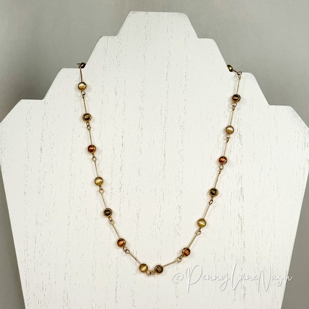 Vintage Multi Gemstone Links Station Necklace in Gold Metal